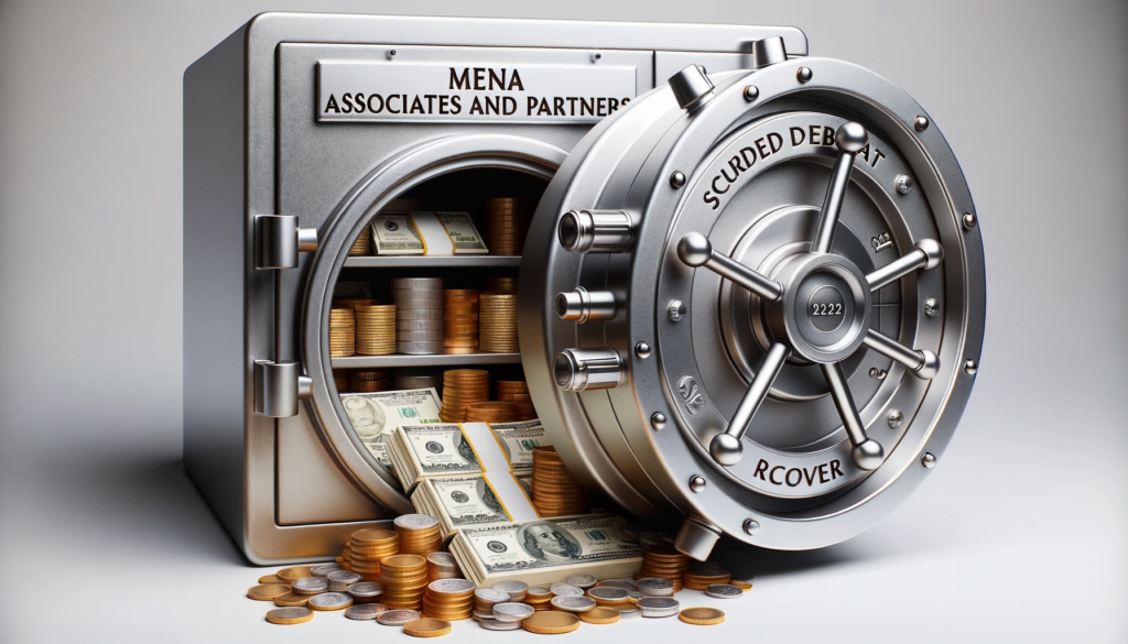 Vault door open with stacked money, coins, and the label 'MENA Associates and Partners' indicating comprehensive debt recovery solutions.