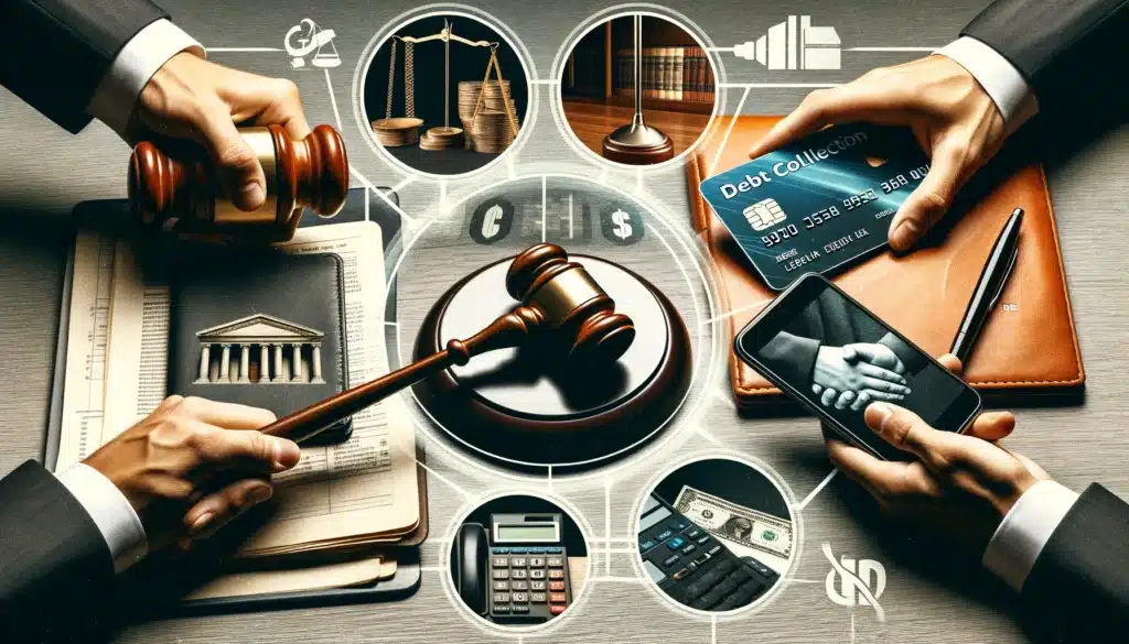 Collage of Mena's debt collection tools: credit card, gavel, handshake, phone, and ledger.