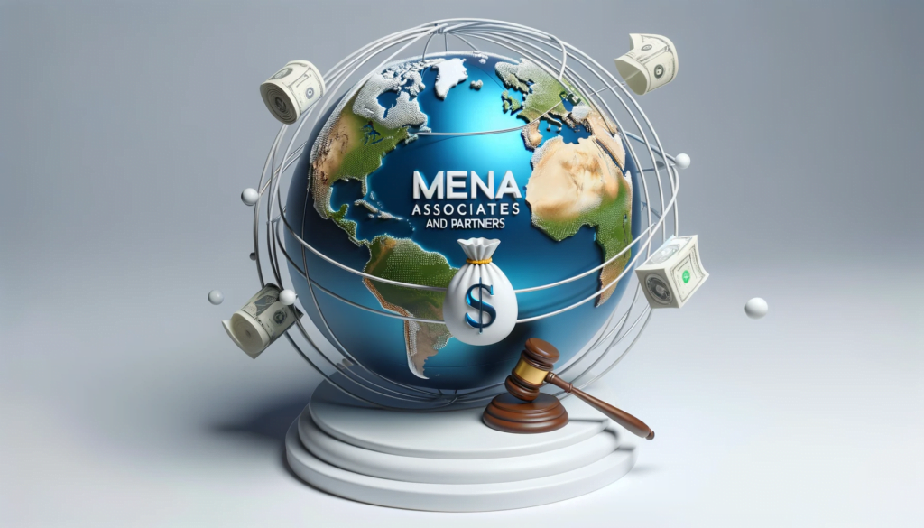 Mena Associates and Partners 3D Globe with Debt Collection and Dispute Resolution Icons