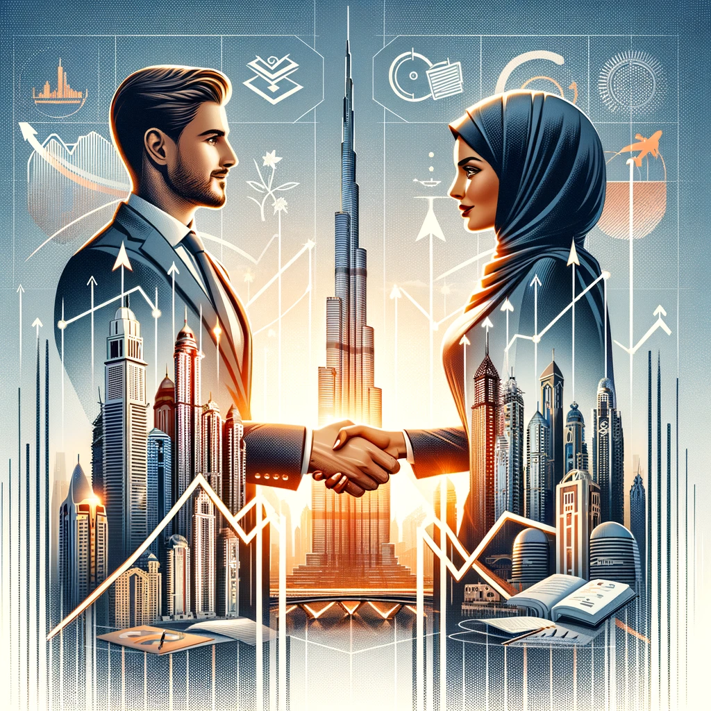 Handshake symbolizing partnership in front of Dubai landmarks
