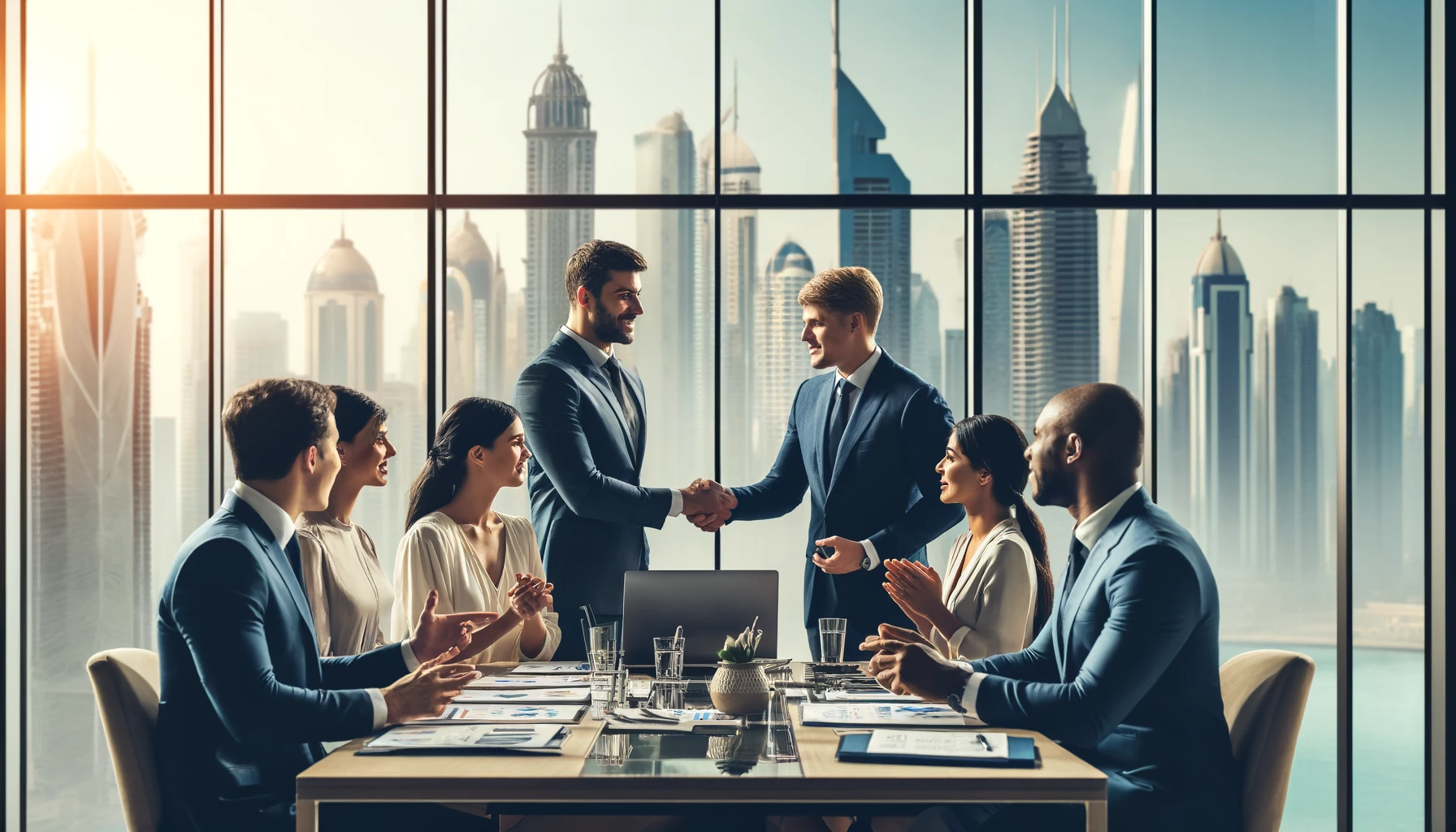 A diverse group of business professionals shaking hands and discussing around a table, with Dubai's iconic skyline in the background, symbolizing trust and excellence in debt collection services.