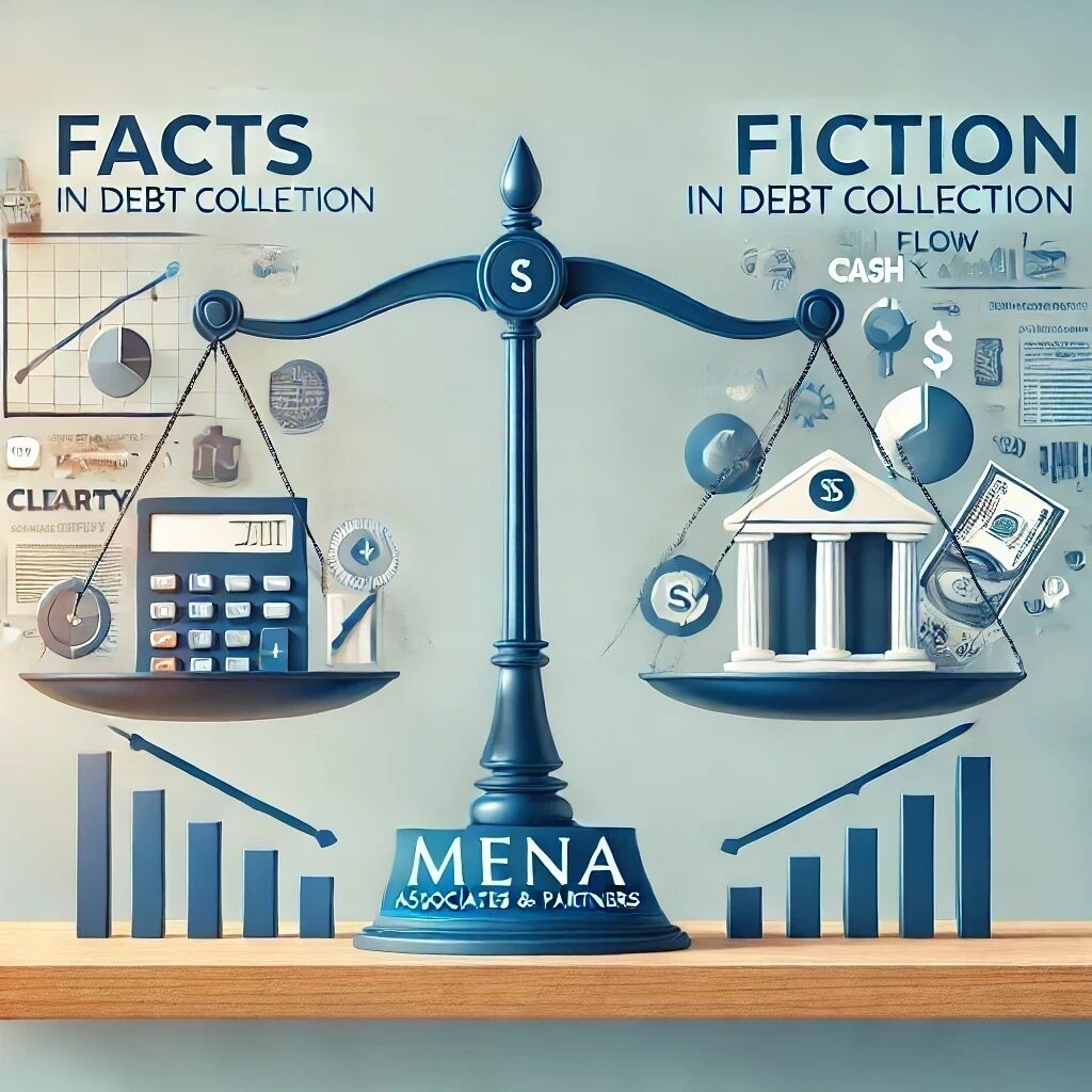 Engaging and professional image for Mena Associates and Partners' blog post about 'Fact vs. Fiction in Debt Collection,' featuring a balanced scale, a rising graph, and sections marked as 'Facts' and 'Fictions' with a professional business environment background.