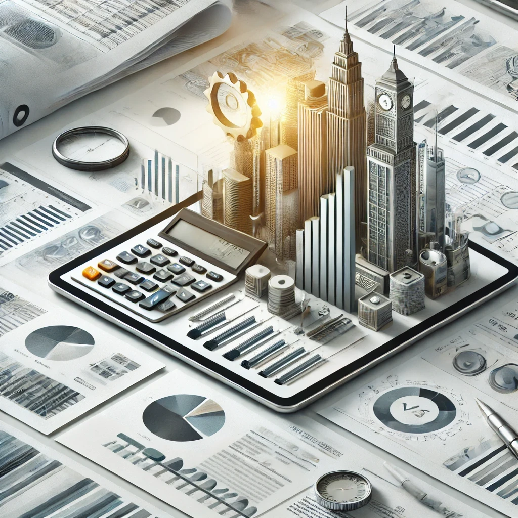 Detailed VAT consultancy and implementation services illustration with financial charts and documents.