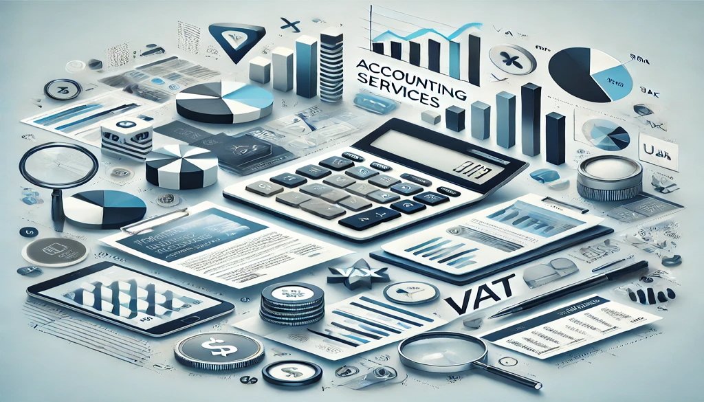 Accounting services in Dubai provided by Mena Associates, featuring financial documents, VAT forms, calculators, and charts to represent tax accounting and financial management.