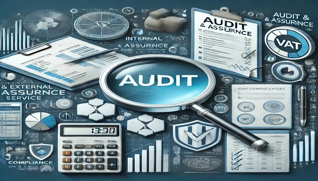 Audit and assurance services provided by Mena Associates in Dubai, featuring elements of financial documents, VAT forms, compliance checklists, and internal audits.