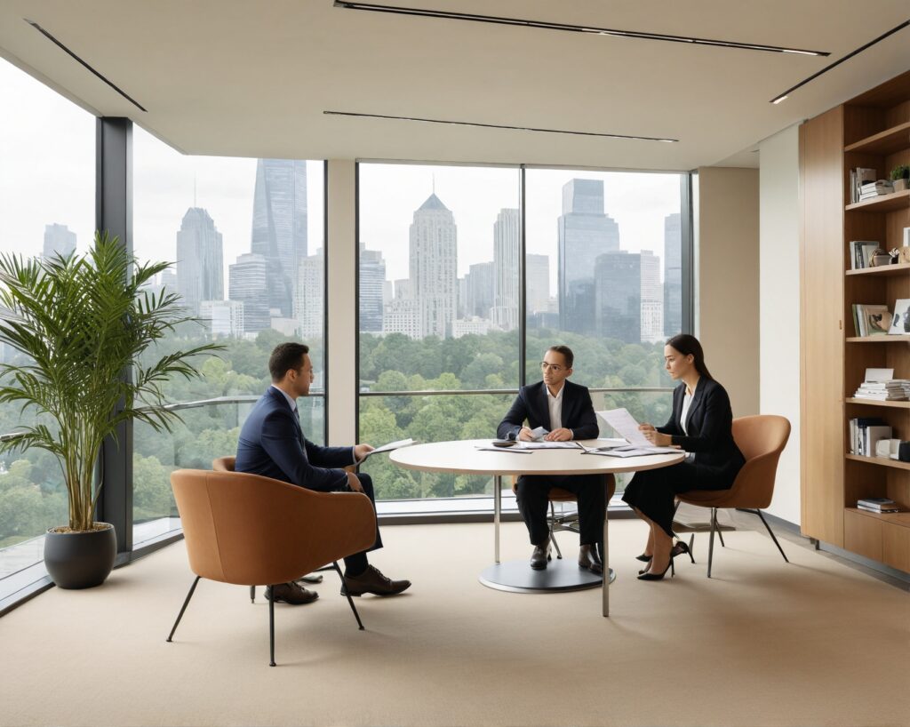 A business consultant and client discussing contract terms in a modern office, focusing on dispute resolution.