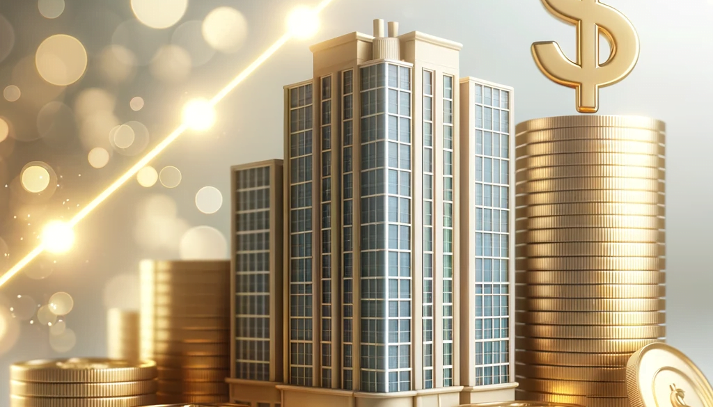 Ascending stack of golden coins leading to a skyscraper indicating financial growth in commercial brokerage