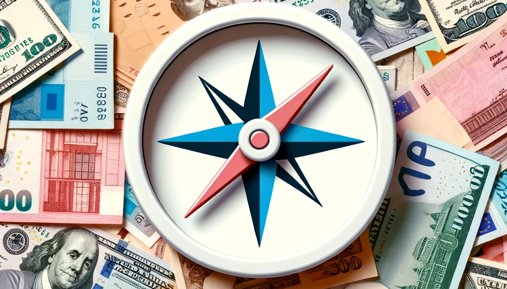 Compass pointing towards diverse currency indicating international debt navigation